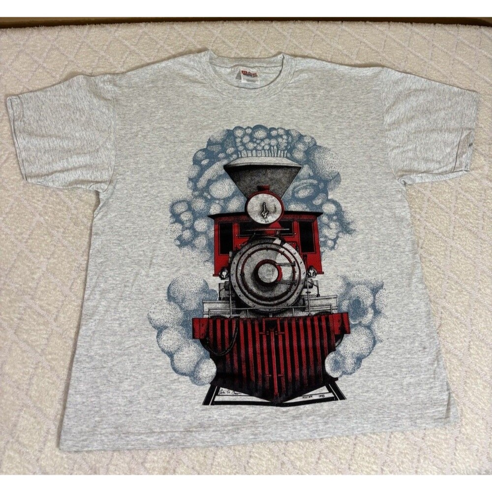 Vintage 1993 Red Locomotive Train 2 Sided Single Stitch Tee Action Wear Size L